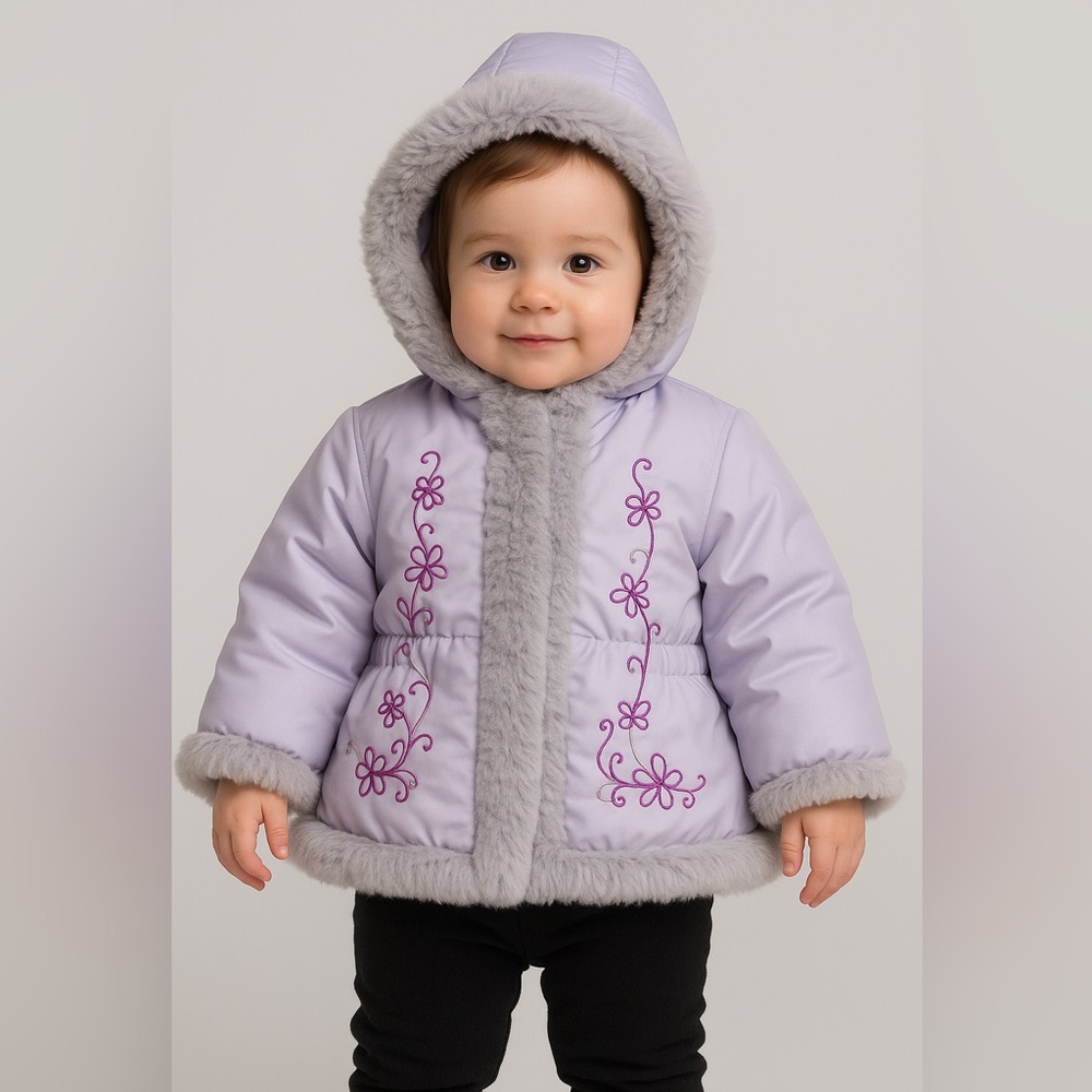 Okie Dokie Lavender Faux Fur Trim Hooded Winter Embroidered Jacket 24M Girl